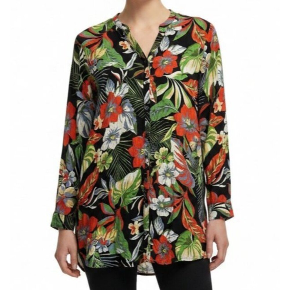 C&C California Linen Blend Tunic Shirt Dress Women Large Hawaiian Button Front